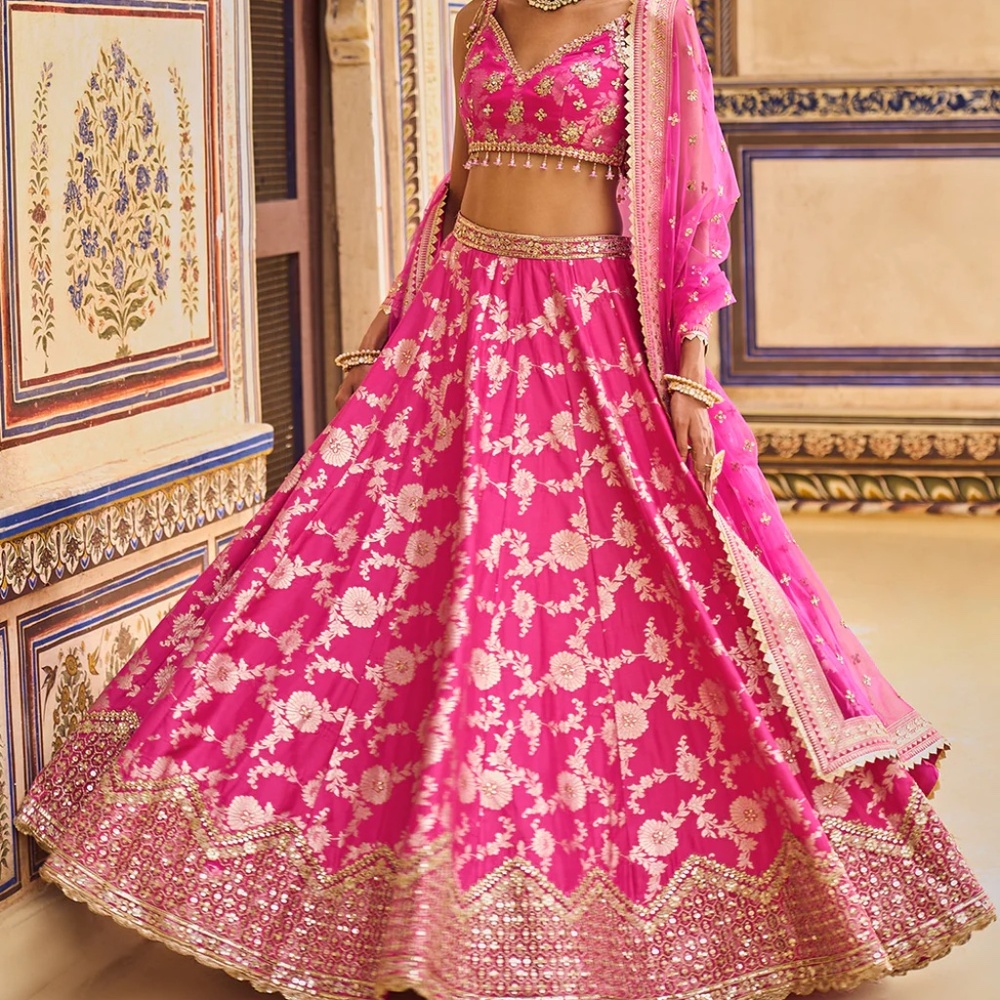 Lashkaraa - Pink Embroidered Brocade Lehenga - XL